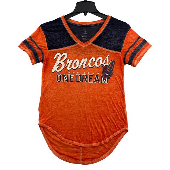 Denver Broncos T-Shirt Juniors Size Medium Orange Blue Distressed Short Sleeve - Picture 1 of 9
